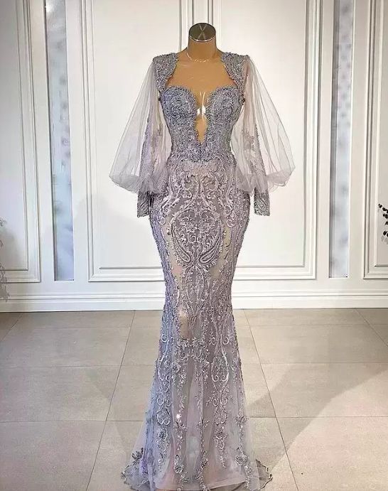 2023 Luxury Mermaid Lace Evening Dresses Beaded Long Sleeve Prom Dress Appliqued Formal Party Gowns Pageant Wear Custom Made - FashionDia