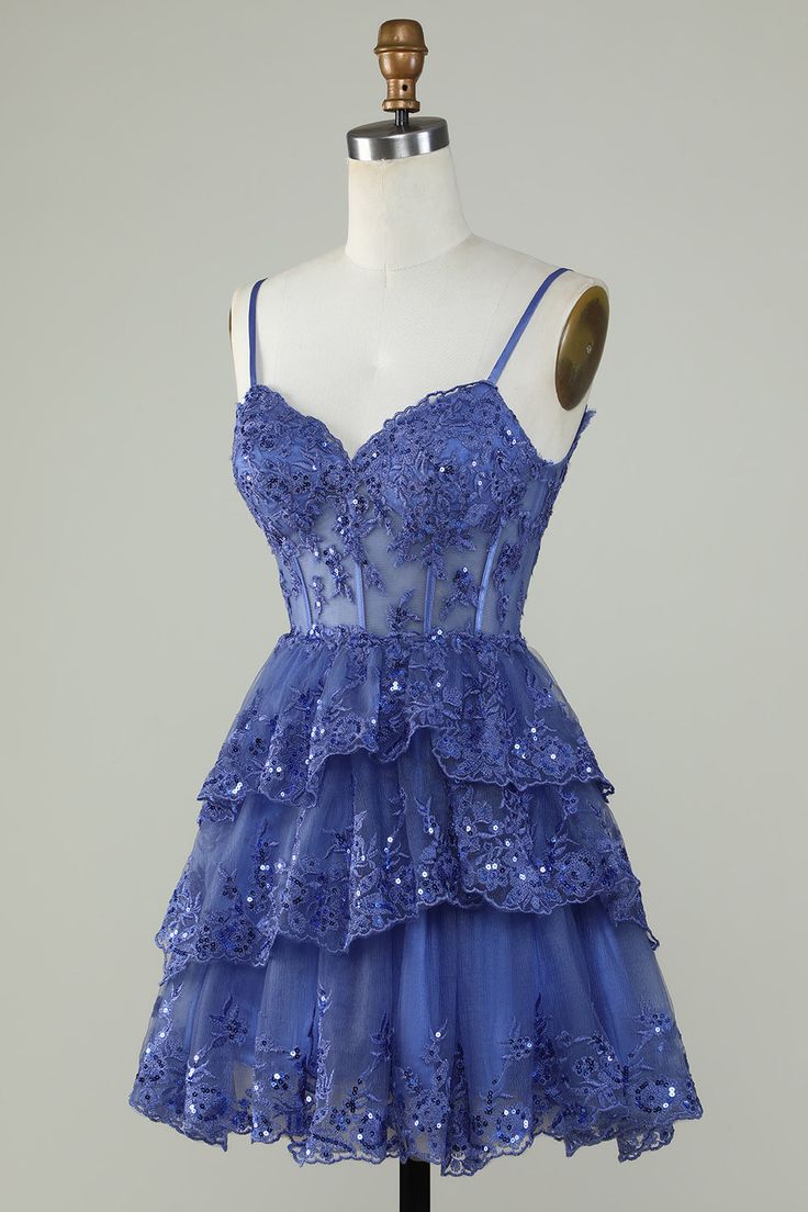 Straps Lavender Sequins Corset Layered Homecoming Dress - View 4 | FashionDia