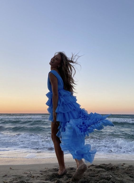 Blue high low prom dress, sexy evening dress