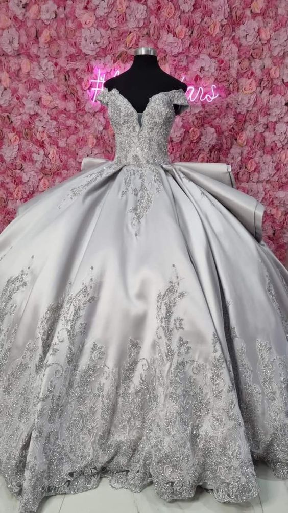 Silver Off Shoulder Ruffled Back Ball Gown Prom Dress Appliqué Beads Sweet 16th Dress