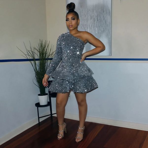 Sparkly Sequin Cocktail Dresses Short A Line One Shoulder African Women Formal Long Sleeve Homecoming Dress