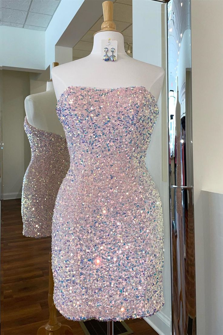Sparkle Pink Sequin Strapless Bodycon Mini Party Dress Short Prom Dress