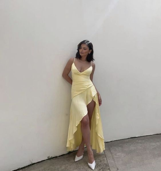 Ruffle Midi Dress Yellow Evening Dress