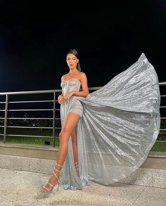 Silver tulle long prom dress, evening dress - View 2 | FashionDia