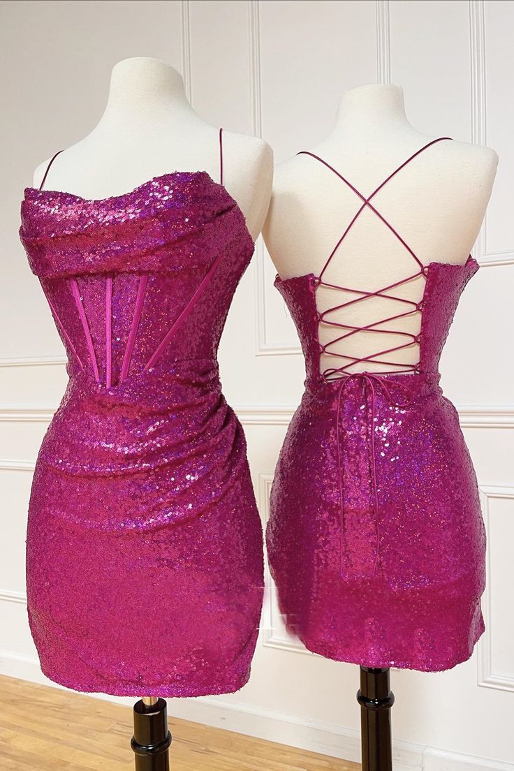 Fuchsia Sequin Cowl Neck Tight Mini Dress homecoming dress