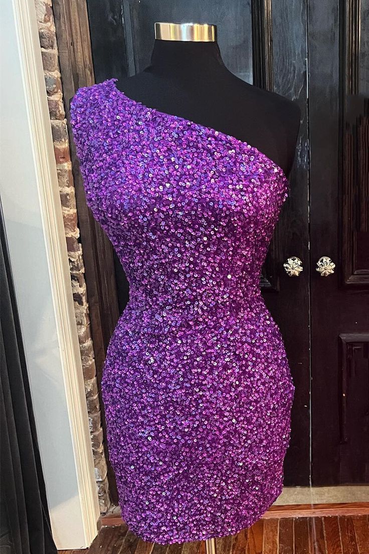 One Shoulder Purple Sequin Bodycon Mini Dress Short Prom Dress