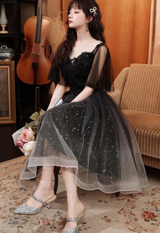 Black Short Sleeves Gradient Tulle And Lace Party Dress, Lovely Black Formal Dresses Bridesmaid Dress - View 2 | FashionDia