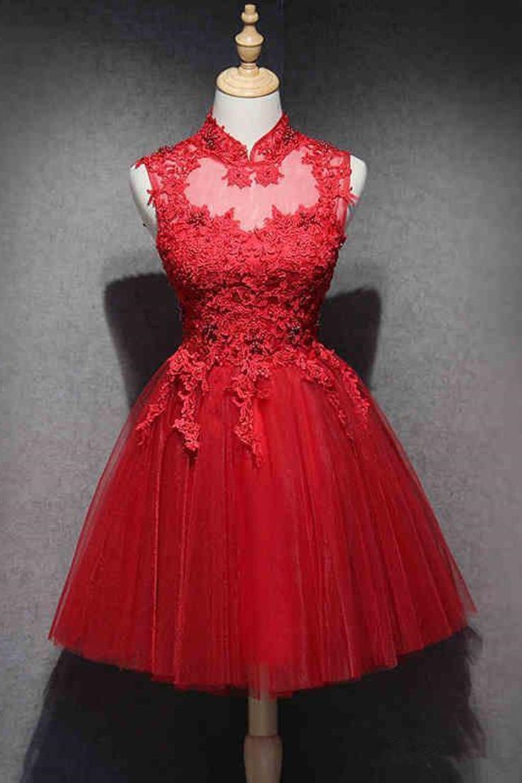 High Neck Red Lace Short Prom Dress, Red Lace Homecoming Dress, Red Formal Graduation Evening Dress - FashionDia
