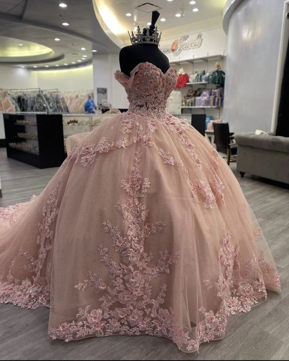 Pink Lace Long Prom Dresses, Ball Gown Sweet 16 Dresses - VelvetHem