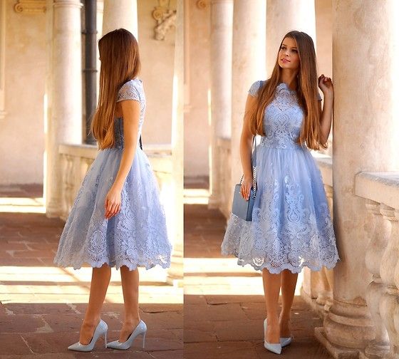 A-Line Blue Lace Tea Length Bridesmaid Dress Homecoming Dress