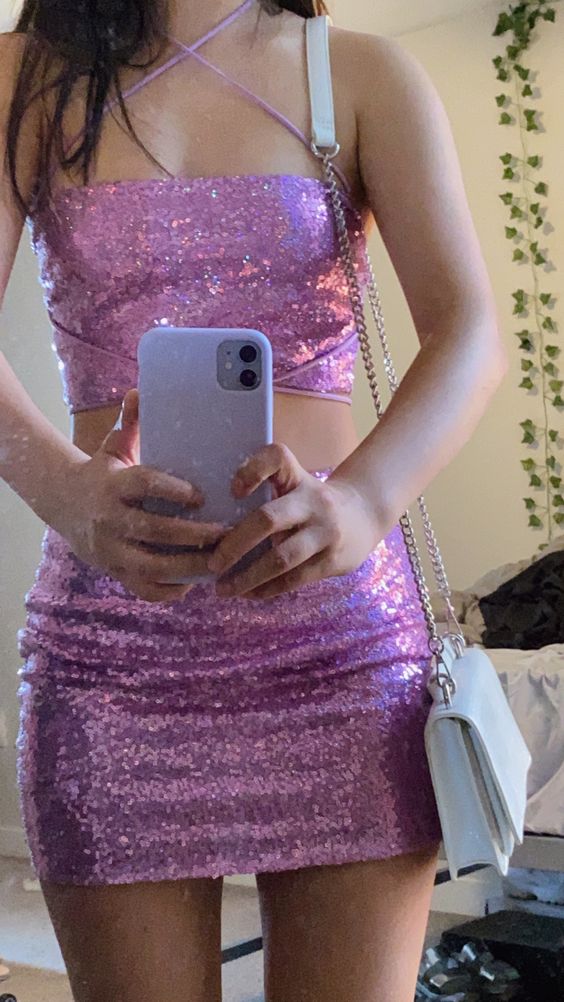 Two Piece lavender glitter Short Prom Dress, Homecoming Dresses