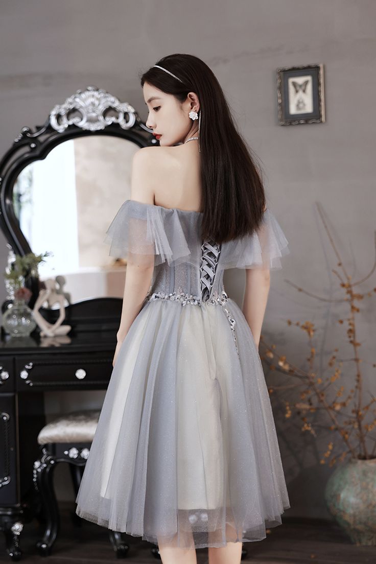 Gray tulle beads short prom dress party dress - View 3 | FashionDia