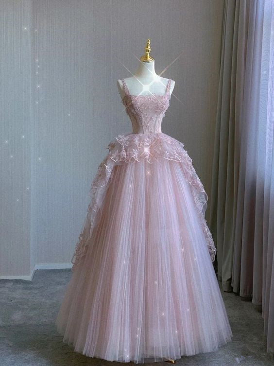 Pink tulle lace long prom dress, pink evening dress - VelvetHem