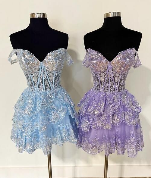 Off the Shoulder Lace Homecoming Dress, Short Prom Dress
