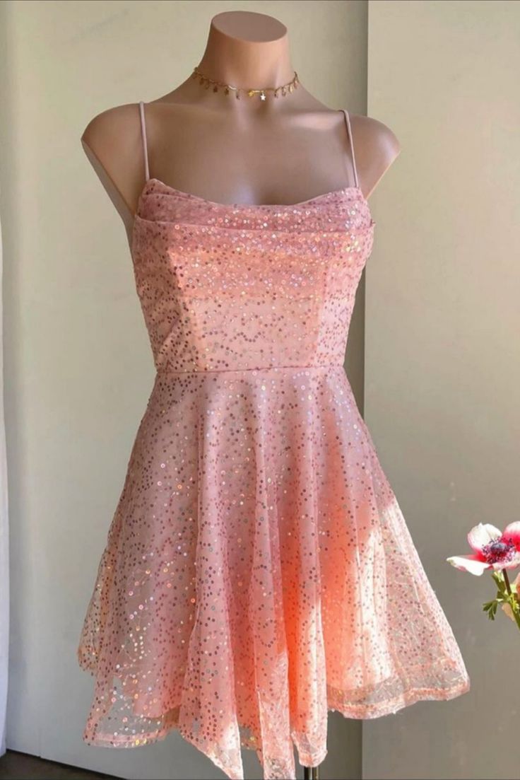 Cowl Neck Pink Sequined Tulle Short Party Dress Short Prom Dress
