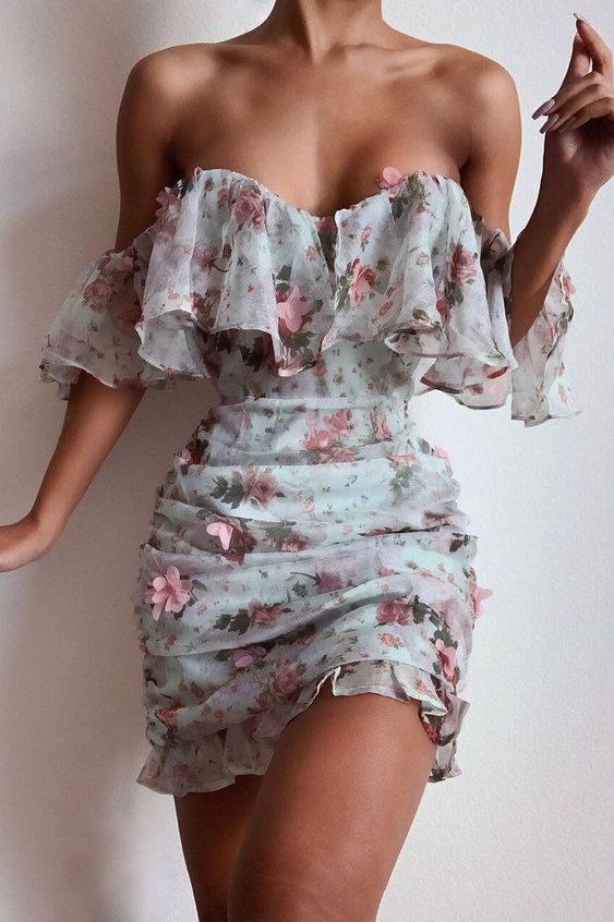 Floral Print Ruched Chiffon Women Dress Ruffle off Shoulder Elegant Sexy Party Short Prom Dress