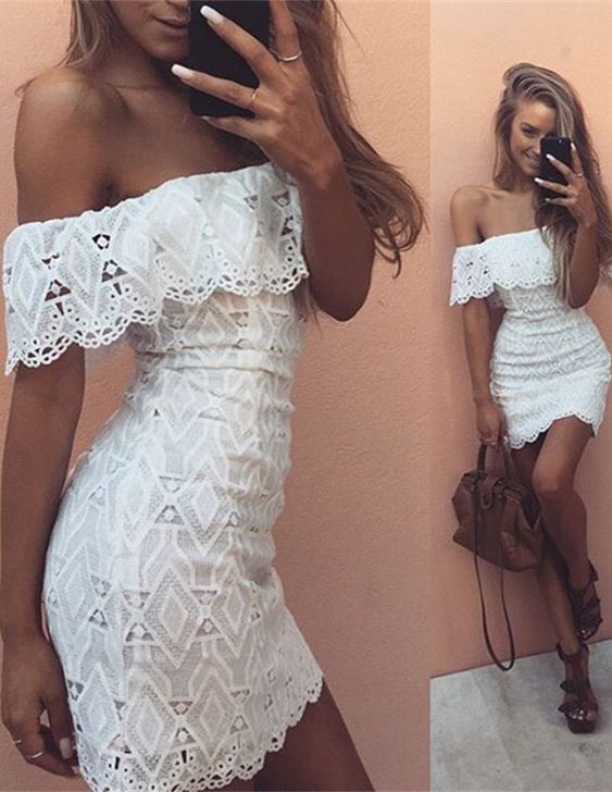 Cute White Lace Off-the-shoulder Homecoming Dress Short Prom Dress - FashionDia