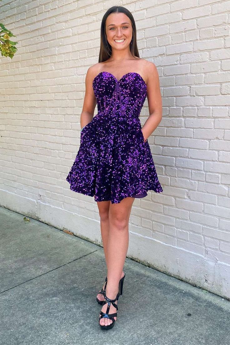 Purple Sequin Sweetheart A-Line Short Homecoming Dress with Pockets - VelvetHem