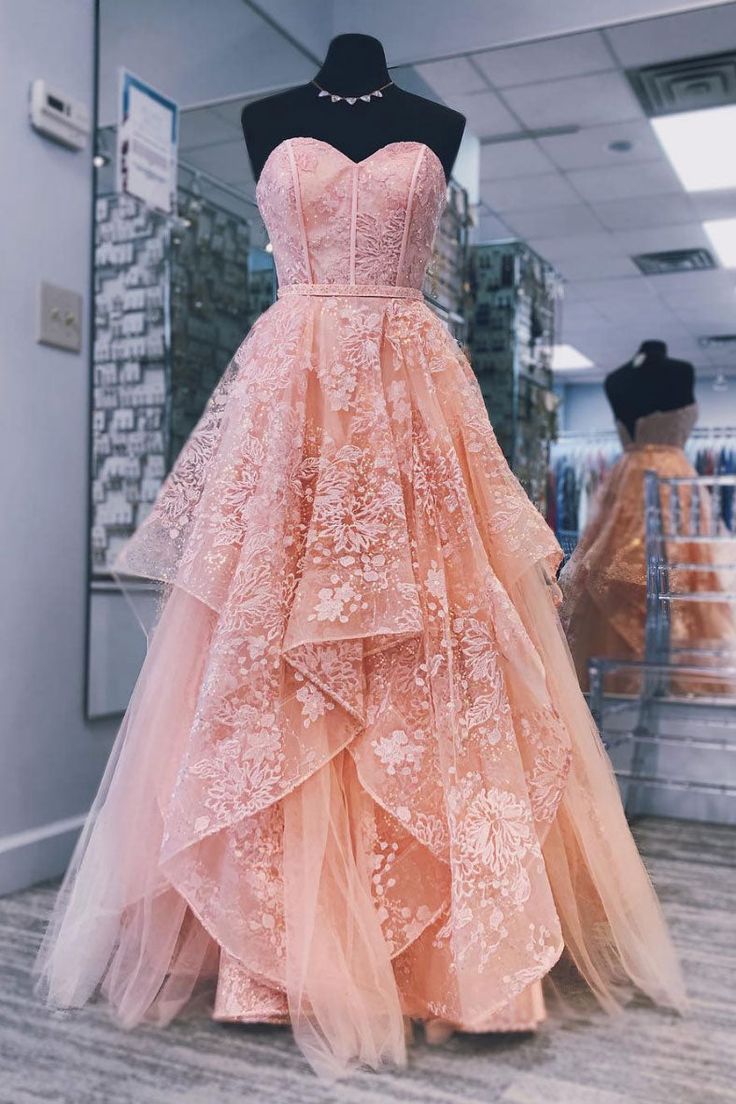 Pink sweetheart neck tulle lace long prom dress, pink evening dress - FashionDia