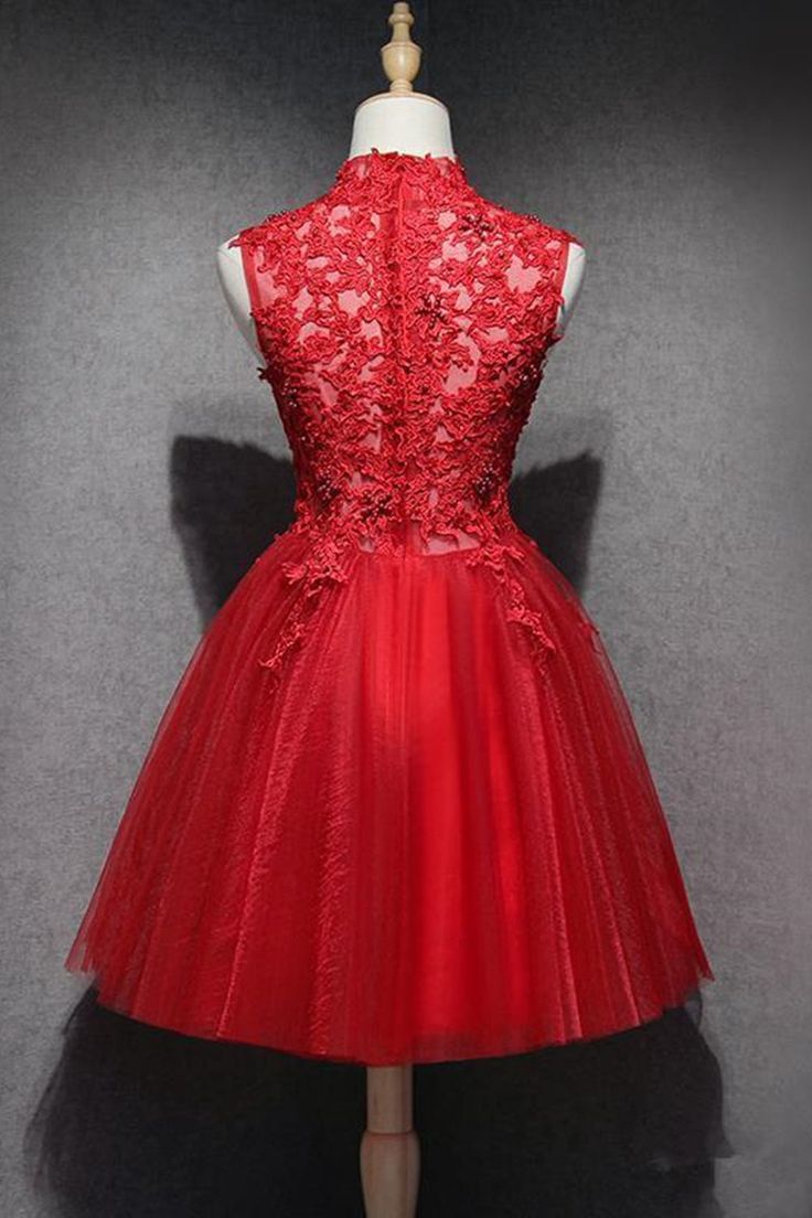 High Neck Red Lace Short Prom Dress, Red Lace Homecoming Dress, Red Formal Graduation Evening Dress - View 2 | FashionDia