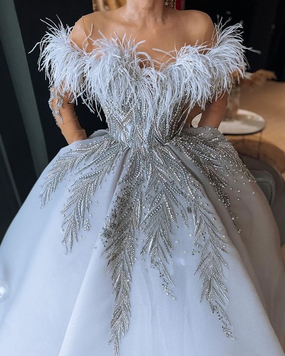 White Off The Shoulder Sexy Long Prom Dress with feather