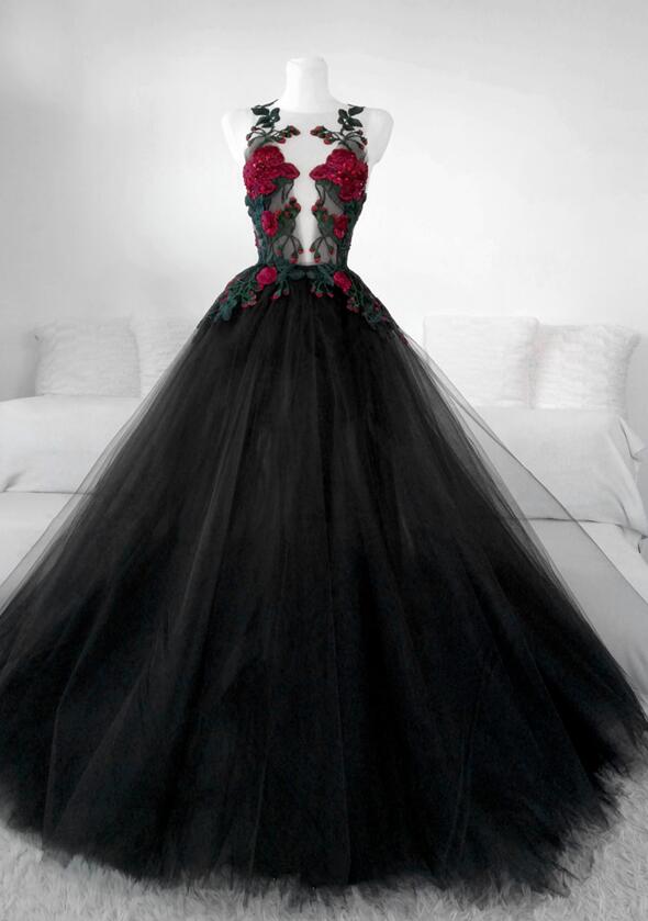 Beautiful Black Tulle With Lace Applique Long Formal Gown, Black Party Dresses - FashionDia