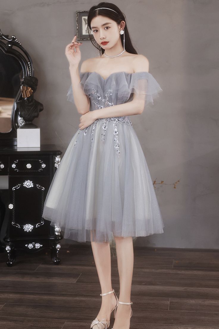 Gray tulle beads short prom dress party dress - View 2 | FashionDia