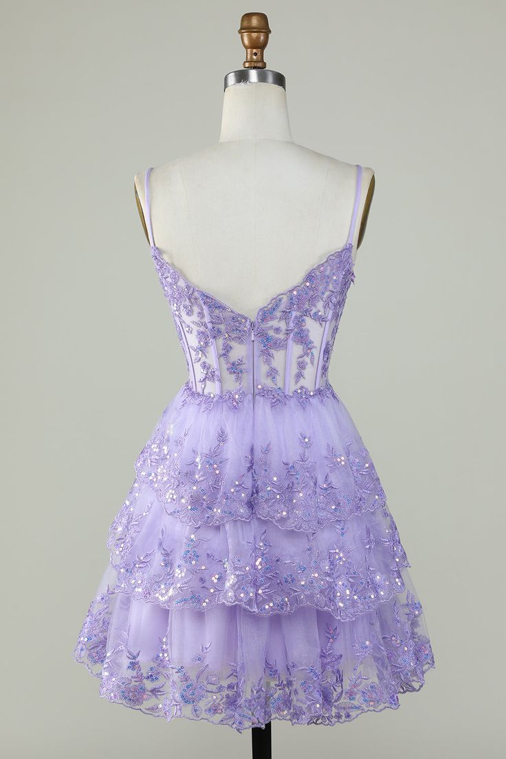 Straps Lavender Sequins Corset Layered Homecoming Dress - View 3 | FashionDia