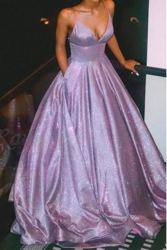 A-Line V-Neck Sparkle Long Prom Dress Formal Evening Dresses