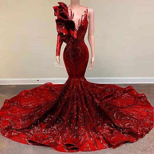 Mermaid / Trumpet Evening Gown Elegant Dress Engagement Court Train Long Sleeve One Shoulder Prom Dresses