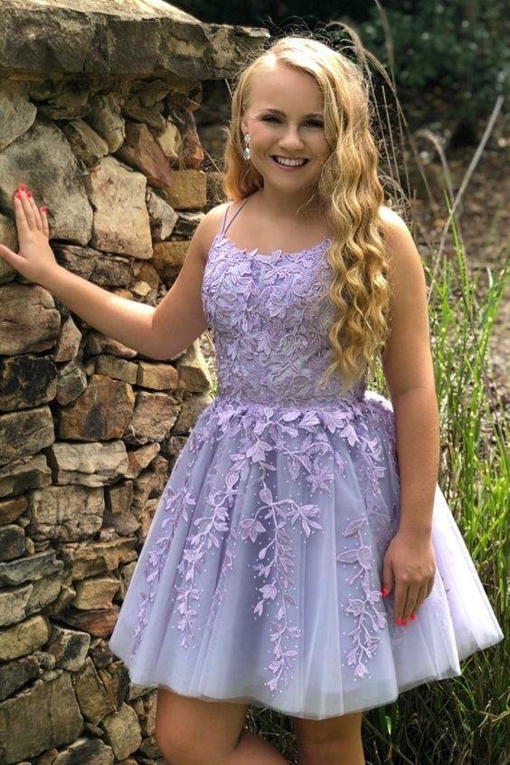 Straps Lace Applique Homecoming Dresses Lavender