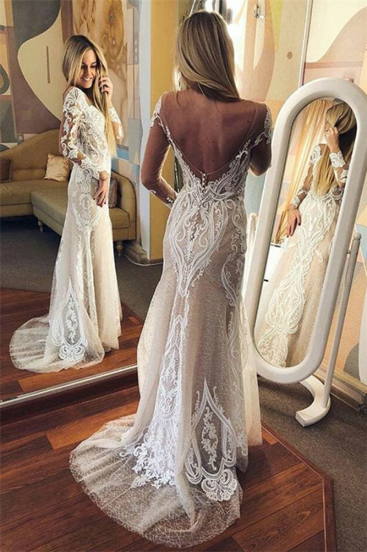 Sexy Tulle Lace Long Sleeve Open Back Wedding Dresses - VelvetHem