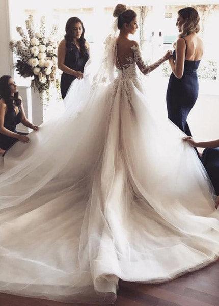 Illusion Jewel Neck Long Sleeves Sweep Wedding Dress With Appliques - View 2 | FashionDia