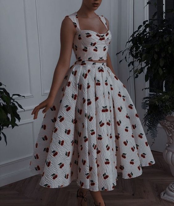 A line white prom dress, two piece prom dress cherry evening dress