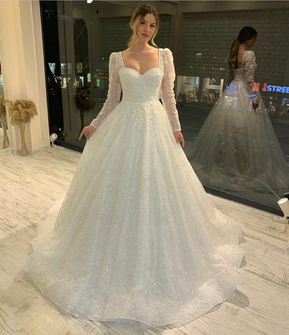 White Tulle A line Long Ball Gown Wedding Dress - VelvetHem