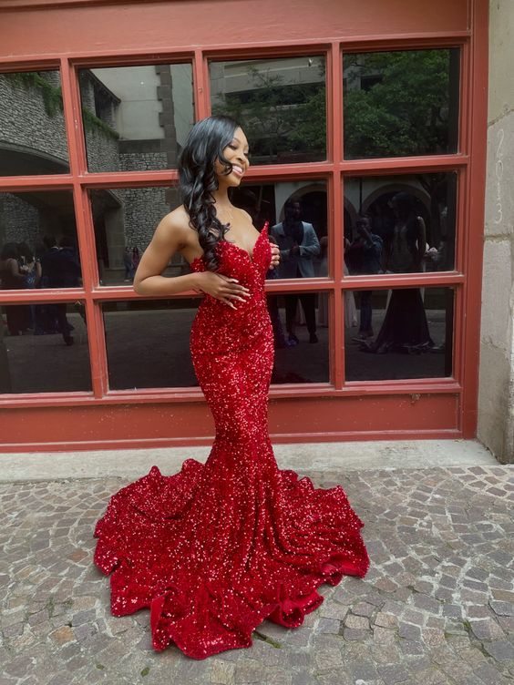 Red sequin prom dress, long mermaid prom dresses