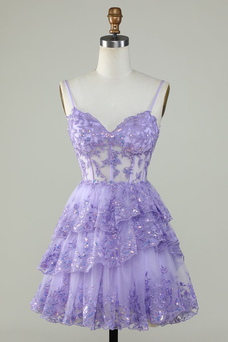 Straps Lavender Sequins Corset Layered Homecoming Dress - FashionDia