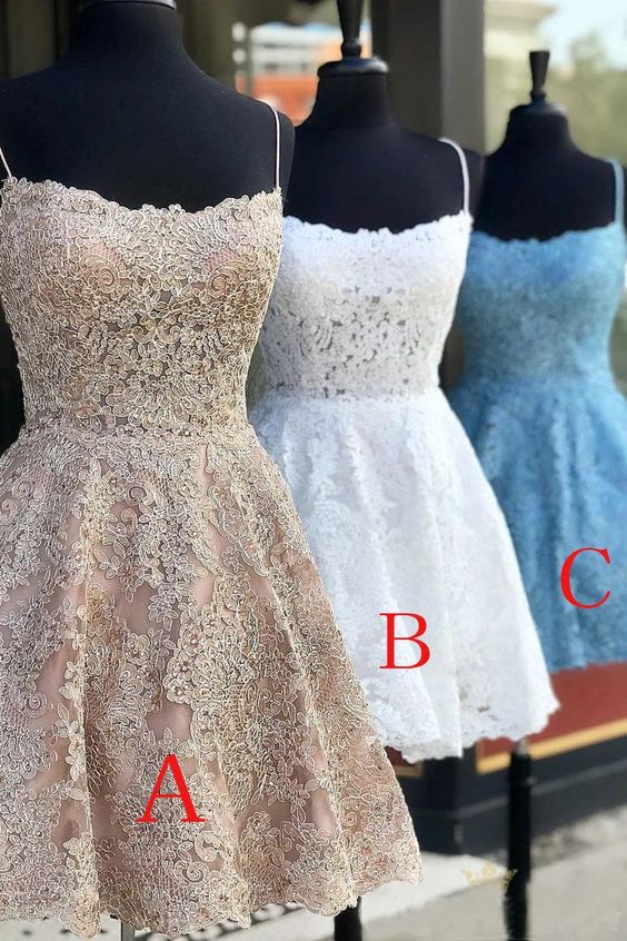 A Line Spaghetti Straps Lace Homecoming Dress