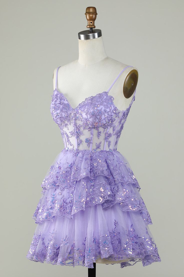 Straps Lavender Sequins Corset Layered Homecoming Dress - View 2 | FashionDia