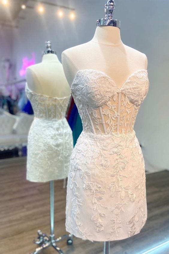 Strapless Short White Lace Prom Dresses, Short White Lace Formal Homecoming Dresses - VelvetHem