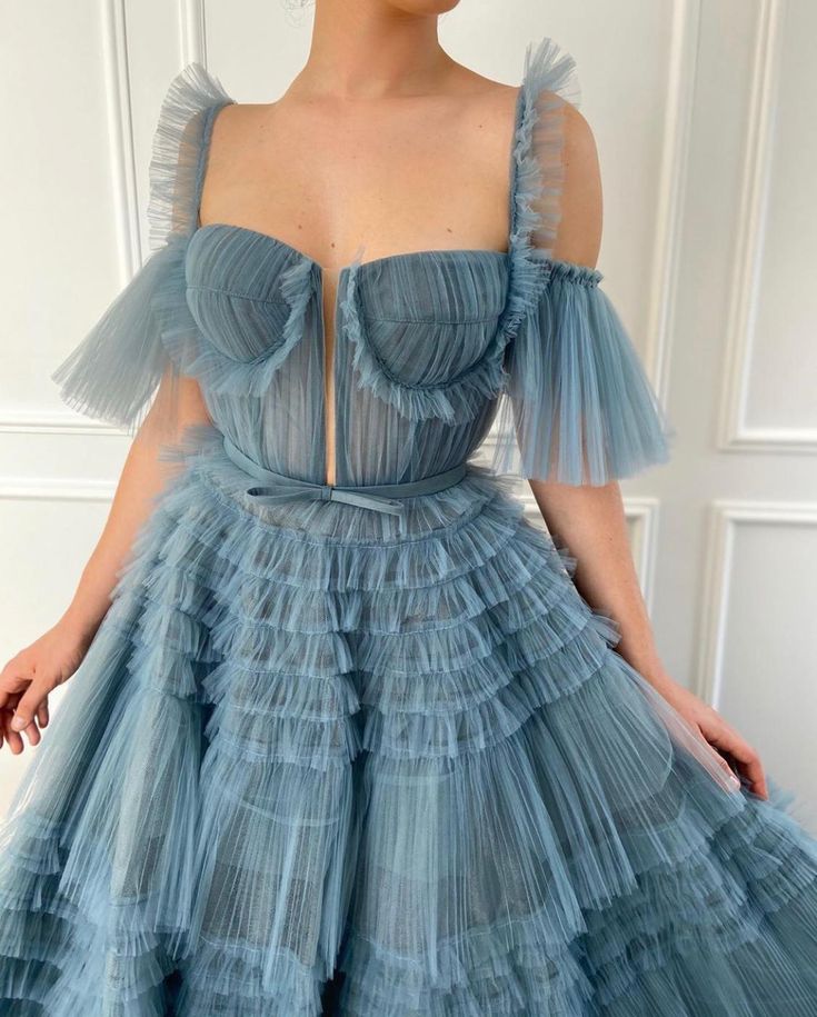 Dusty Blue Tulle Ruffled Gown, Long Tulle Prom Dress, Tiered Skirt Dress