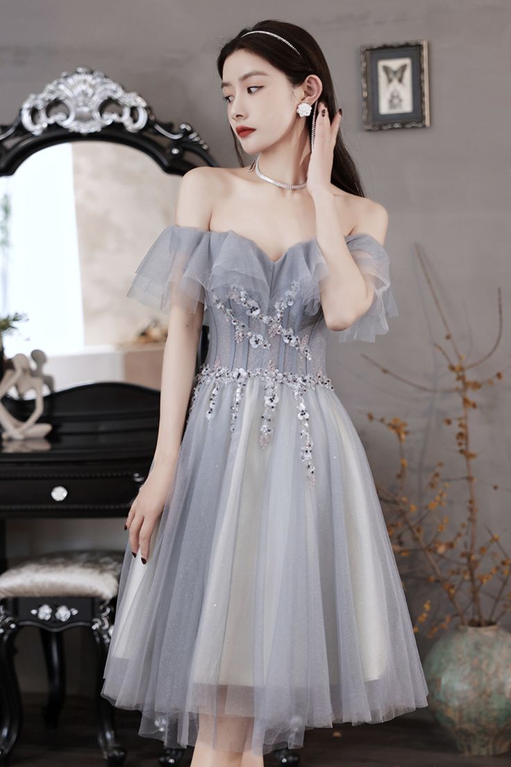 Gray tulle beads short prom dress party dress - View 6 | FashionDia