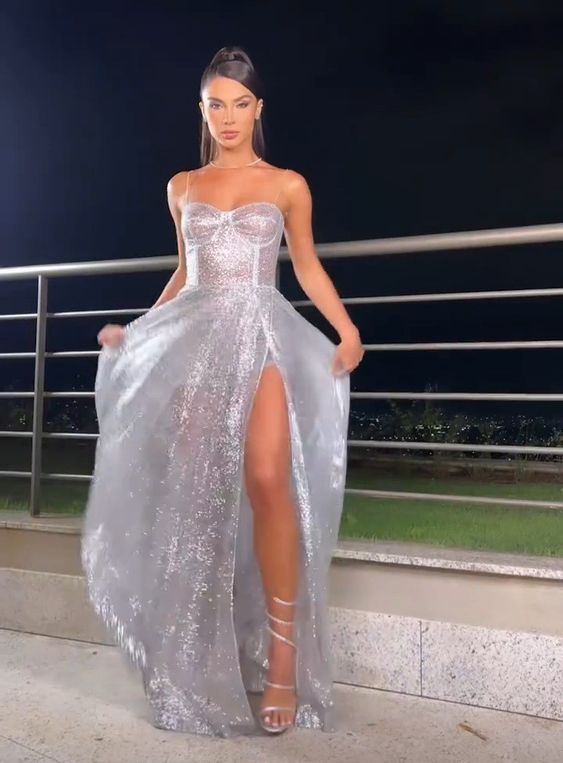 Silver tulle long prom dress, evening dress