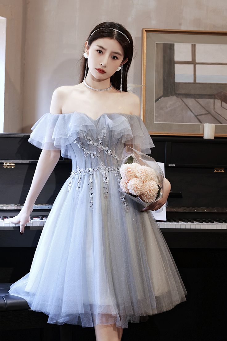 Gray tulle beads short prom dress party dress - FashionDia
