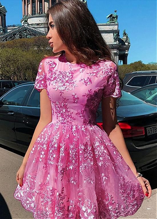 Lace Appliques Tulle Jewel Short A-line Homecoming Dress - FashionDia