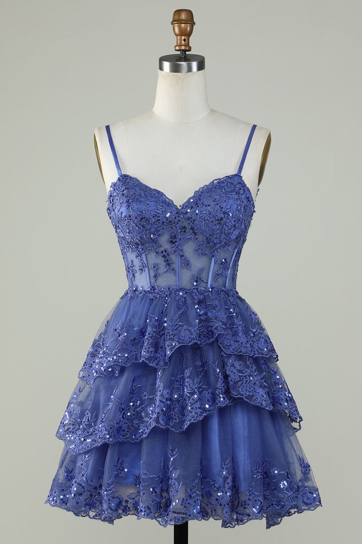 Straps Lavender Sequins Corset Layered Homecoming Dress - View 5 | FashionDia