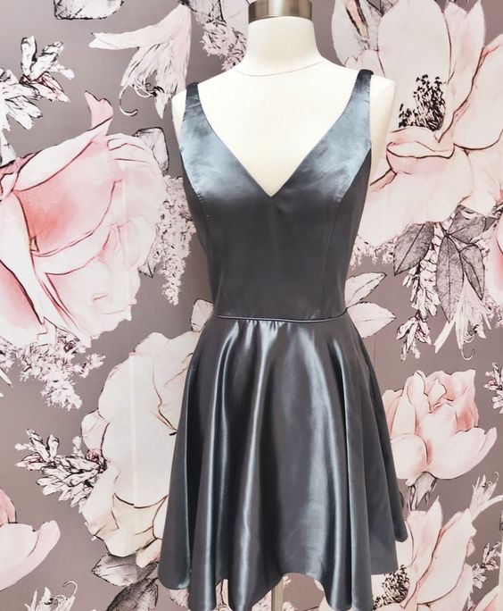 Sleeveless V Neck A Line Pleated Grey Satin Short Simple Homecoming Dresses