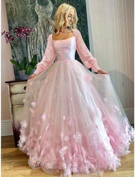 A-Line Prom Dresses Maxi Dress Sweet 16 Birthday Floor Length Long Sleeve Scoop Neck Tulle with Appliques