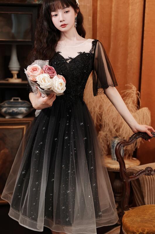 Black Short Sleeves Gradient Tulle And Lace Party Dress, Lovely Black Formal Dresses Bridesmaid Dress - View 4 | FashionDia