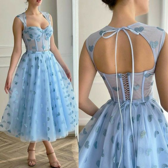 A line blue prom dress, simple evening dress